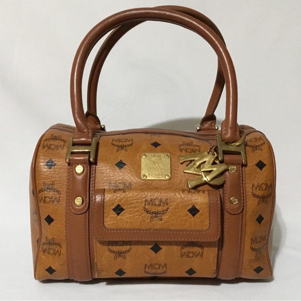 Authentic MCM Brown Satchel with Iconic Monogram and Gold Hardware